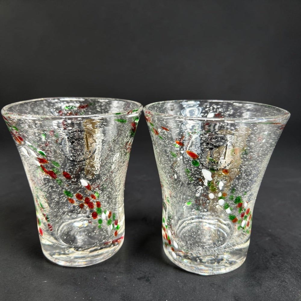 Amici Hand Made Glass Confetti‎ Seeded Bubble Tumblers Set of 2 Red Green Cups